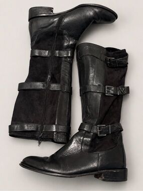 Genuine Leather Black Triple Buckle Knee High Riding Boots Size 9
